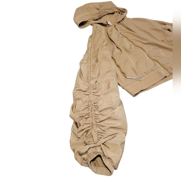 Adam Selman Sport Gathered Sleeve Track Jacket Windbreaker Chino Tan Zip Up Hood - Picture 3 of 11